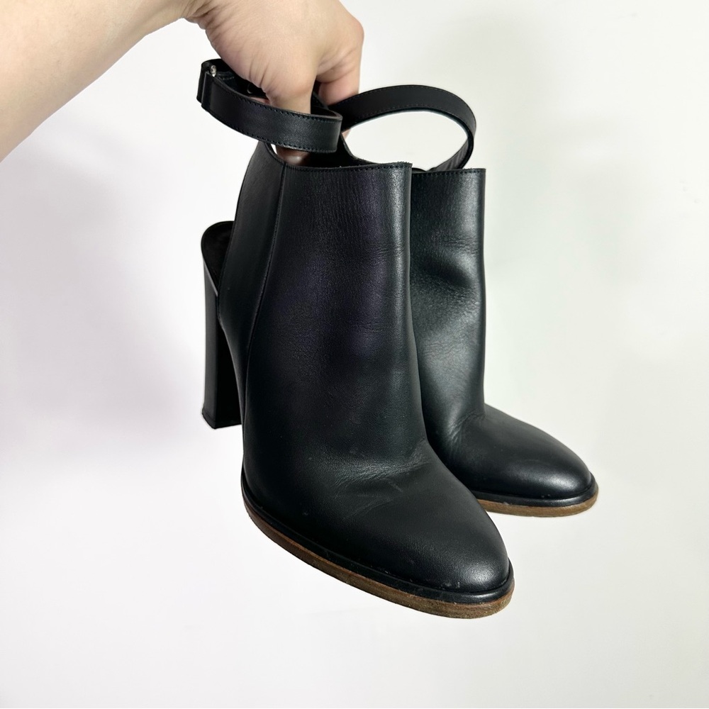 Vince Black Leather Open Heel Wraparound Strap High Heeled Ankle Booties